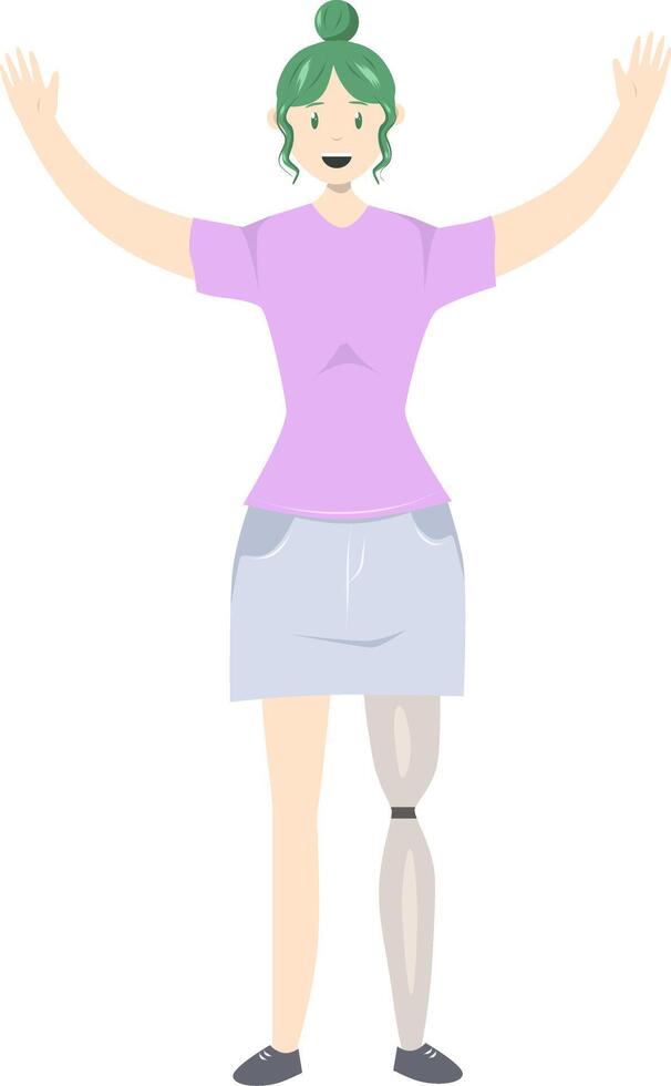 illustrazione di un' ragazza con un' protesico gamba nel piatto stile su bianca sfondo. piatto illustrazione su il tema di corpo positività vettore