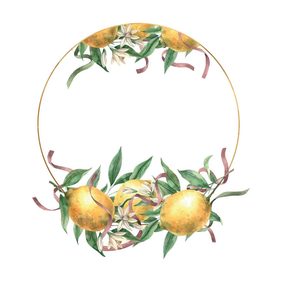 telaio di giallo limoni, verde foglie, fiori e raso lino. isolato acquerello illustrazione nel Vintage ▾ stile con oro. fatto a mano composizione per decorazione di carte, nozze disegno, inviti vettore