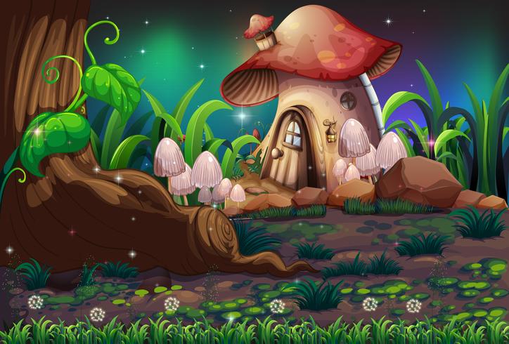 Una foresta oscura e una casa dei funghi vettore