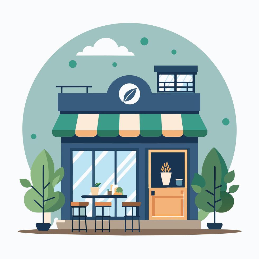 un' caffè negozio con un' verde tenda da sole, con un' elegante minimalista logo visibile, un' accogliente bar con un' elegante, minimalista logo e un' accogliente atmosfera vettore
