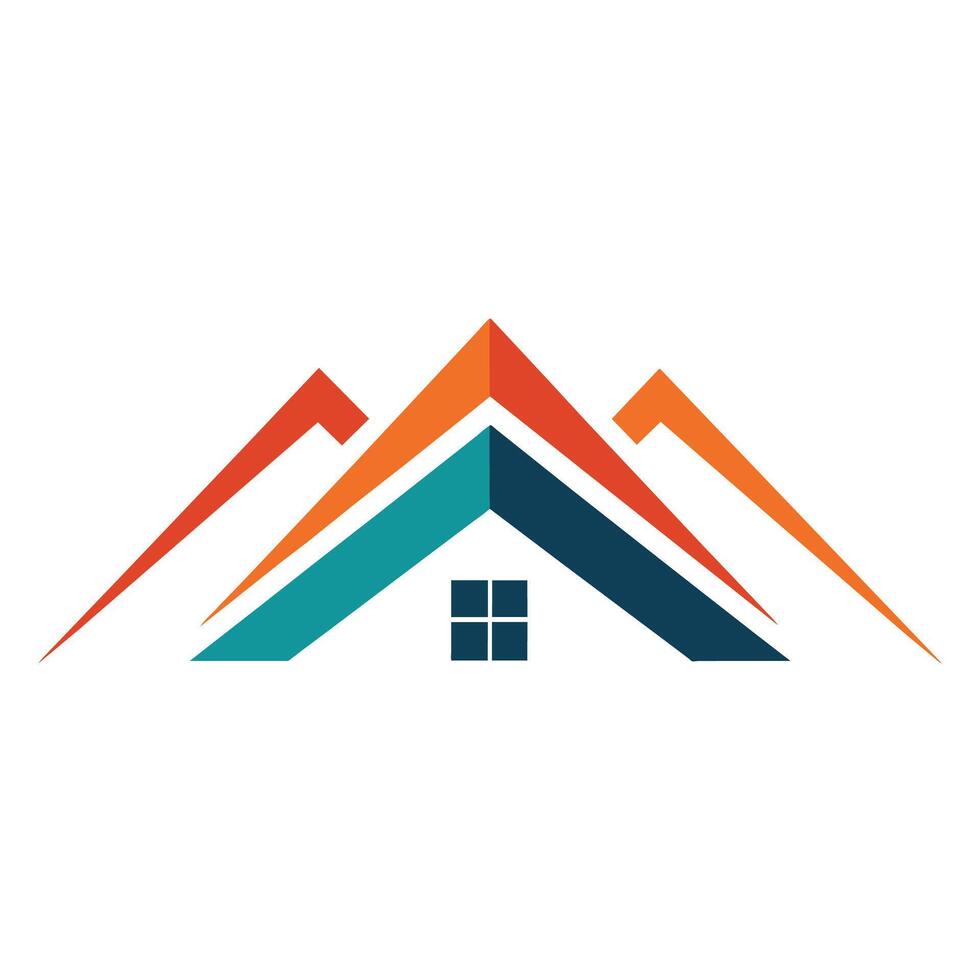 un' Casa con un' inclinato tetto è impostato contro un' fondale di torreggiante montagne, un' minimalista logo con un' stilizzato silhouette di un' cibo camion vettore