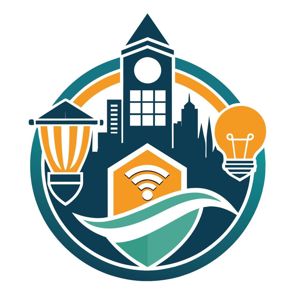 un' grafico logo con un' leggero lampadina sovrapposizione un' paesaggio urbano nel il sfondo, un' grassetto, grafico logo che rappresentano un' Università con un' messa a fuoco su innovazione e creatività vettore