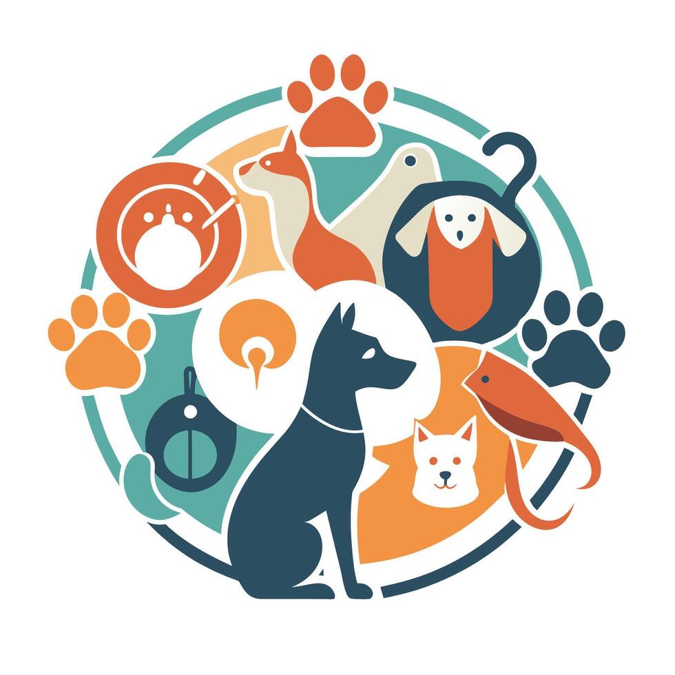 collezione di animale icone Compreso un' cane, gatto, uccello, e gabbia per uccelli, un astratto rappresentazione di vario animali domestici e loro Accessori vettore