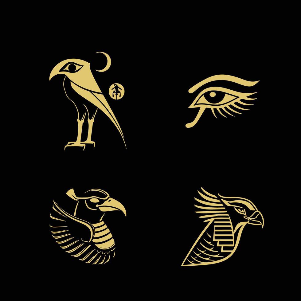 egiziano Dio Horus logo icona design modello. collezione di immagini di il sacro egiziano falco uccello. animale e umano. elegante lusso oro piatto vettore