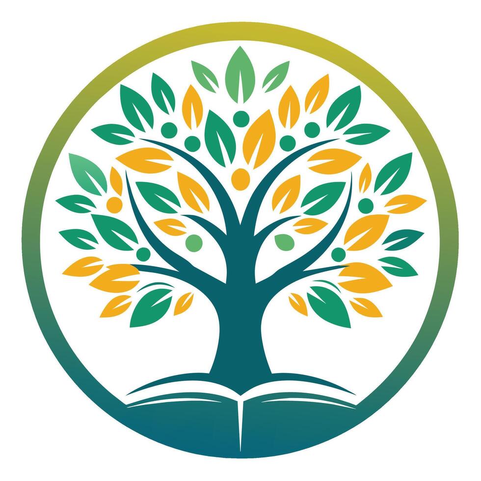 un' albero con verde le foglie ospitando un' libro nel suo rami, mescolanza natura e letteratura, creare un' pulito e sottostimato logo con un' senza tempo font vettore