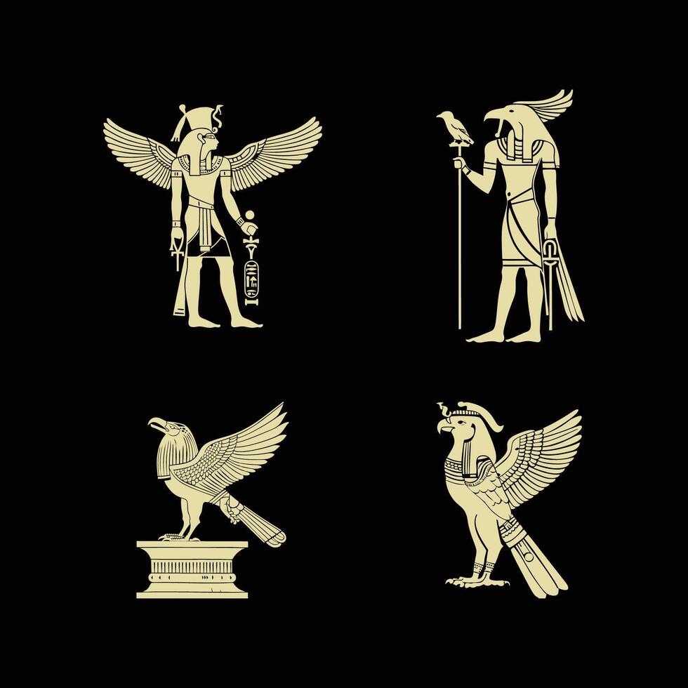 egiziano Dio Horus logo icona design modello. collezione di immagini di il sacro egiziano falco uccello. animale e umano. elegante lusso oro piatto vettore