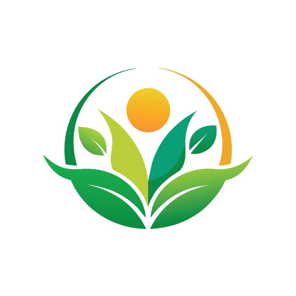 un' verde foglia logo impostato contro un' soleggiato sfondo, simboleggiante armonia fra natura e il sole, design un' logo quello rappresenta il armonia fra natura e gli esseri umani vettore