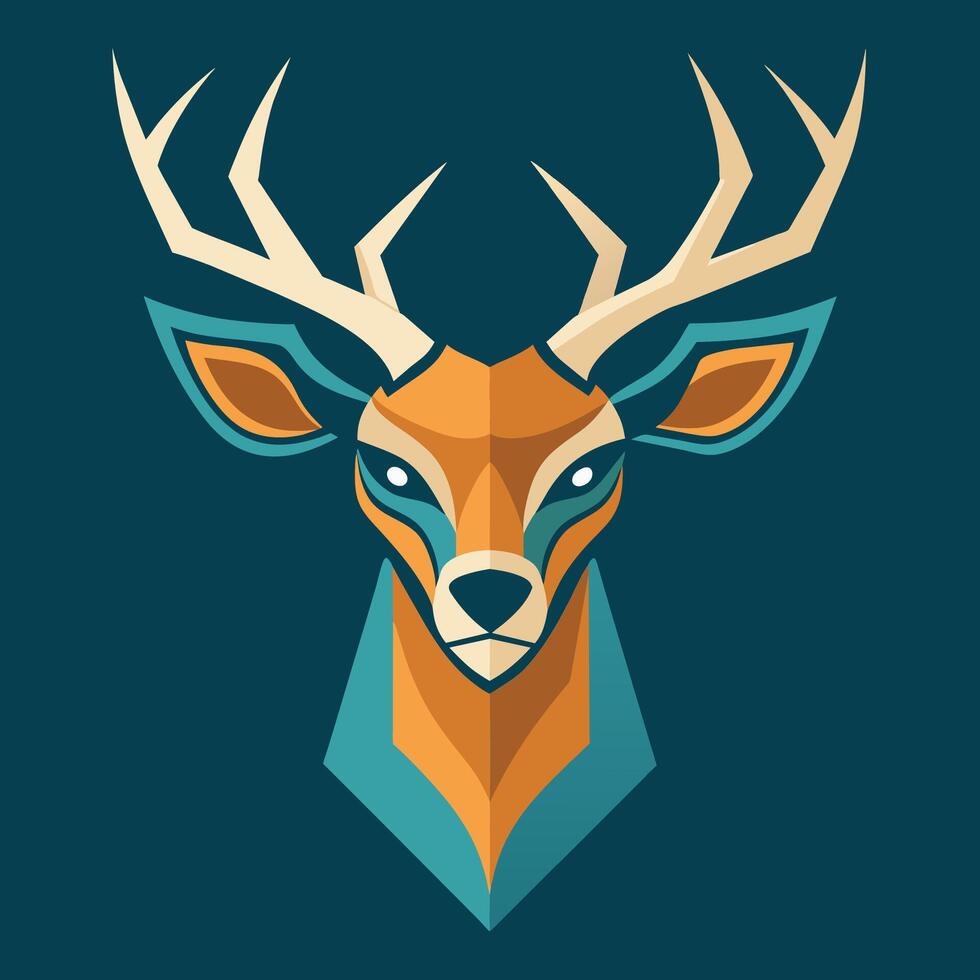 cervo testa con corna visualizzato contro un' vivace blu sfondo, un' stilizzato cervo testa icona, minimalista semplice moderno logo design vettore