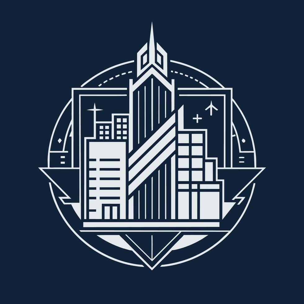 logo design in mostra un' paesaggio urbano nel bianca e blu colori, incorporare un' planimetria o edificio Piano in un' minimalista logo vettore