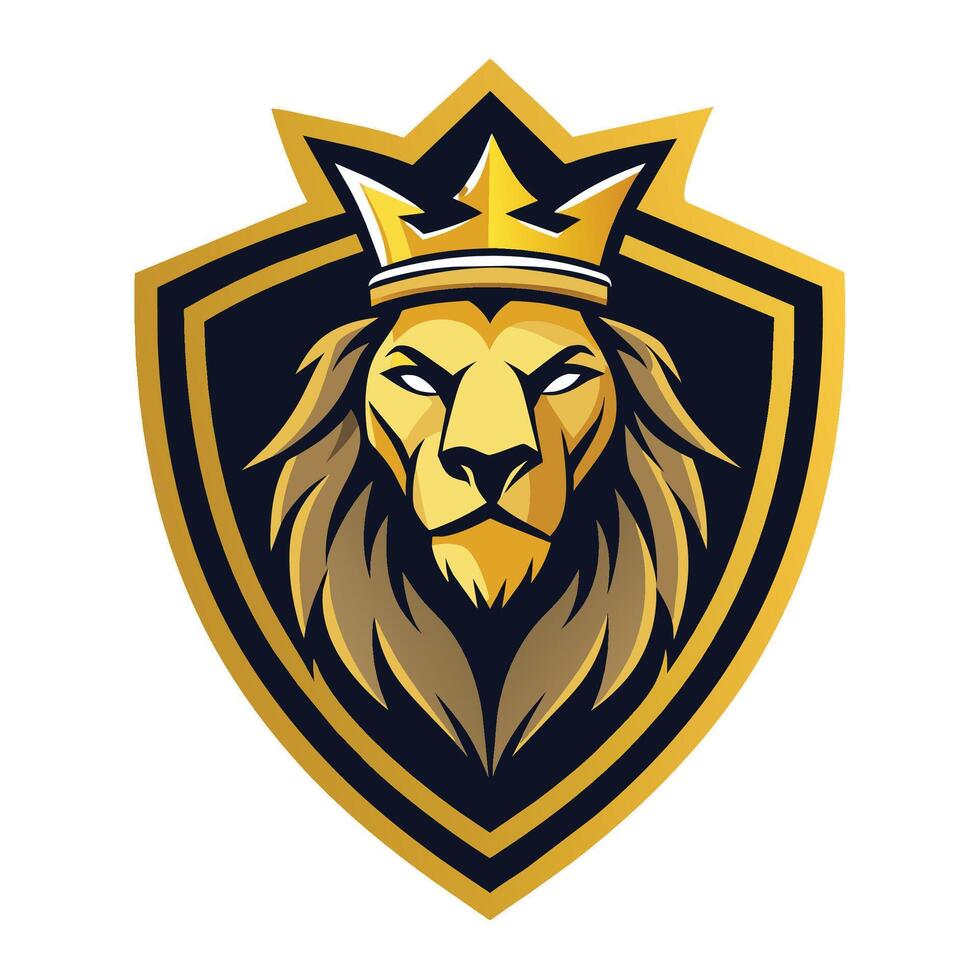 un' Leone indossare un' regale corona su suo testa, Leone testa scudo logo icona. reale oro corona distintivo simbolo vettore