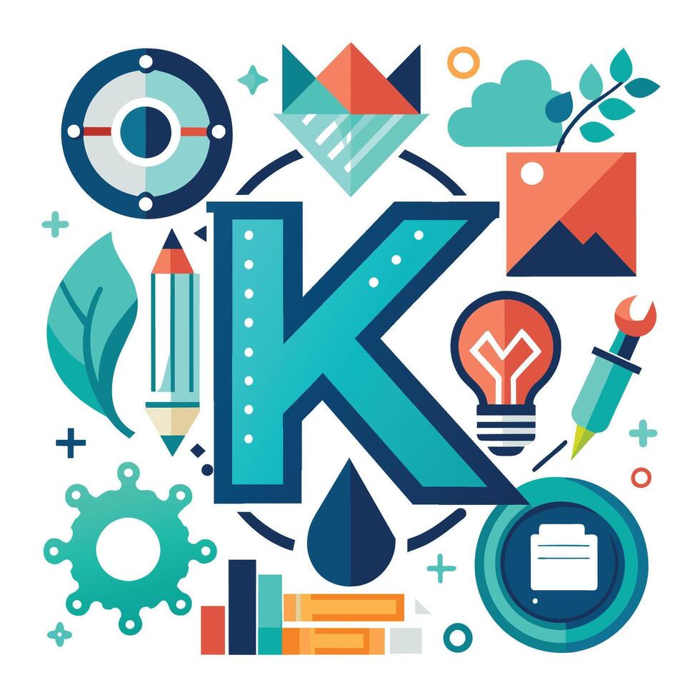 il lettera K è posizionato nel il centro, circondato di un' collezione di diverso oggetti e elementi, lettera K logo icona design modello elementi vettore