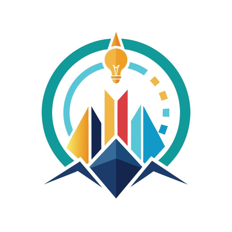 logo design in mostra un' leggero lampadina posto su un' montagna vertice, un' design quello incarna il concetti di analisi, innovazione, e comando vettore