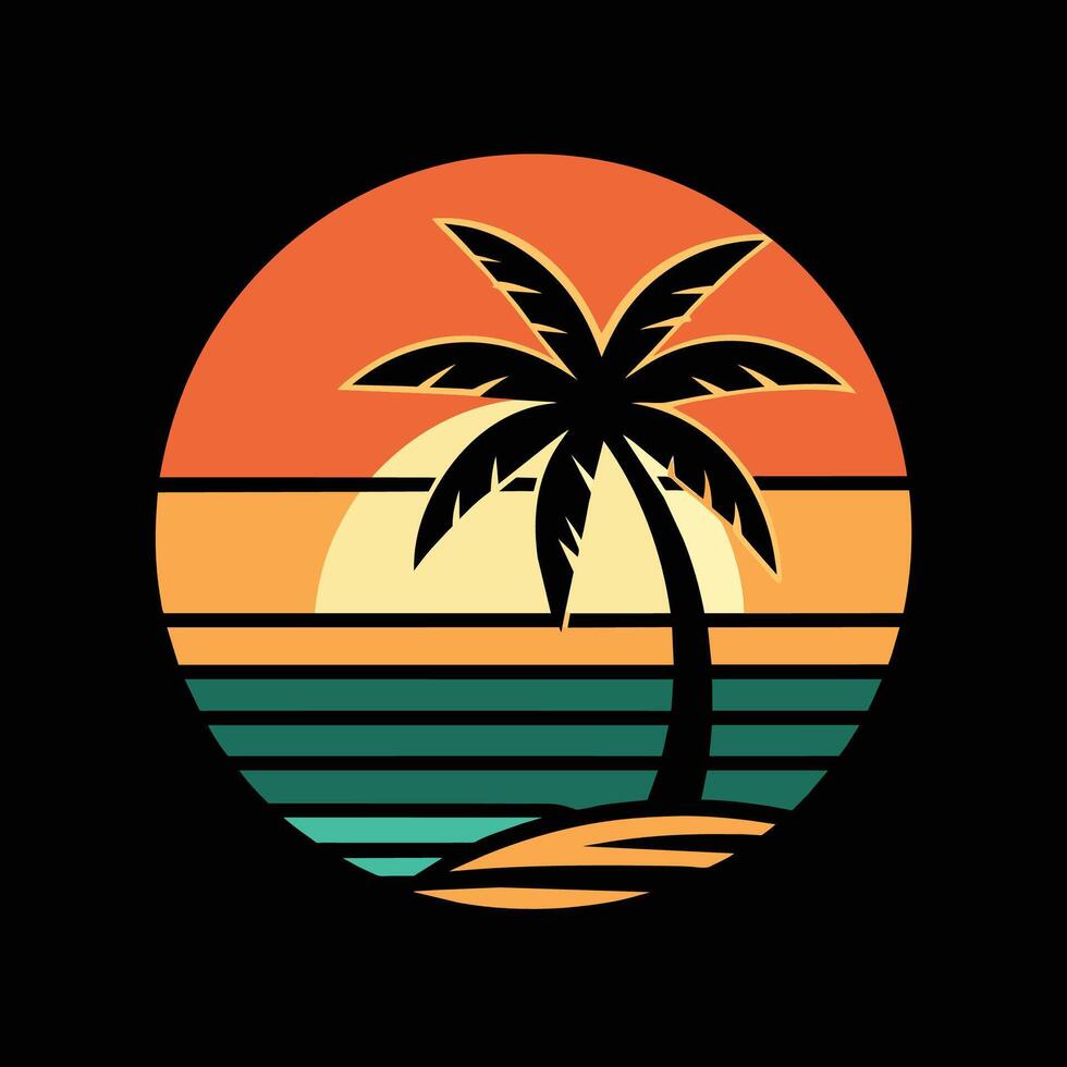 un' palma albero sta su contro un' ambientazione sole su il spiaggia, spiaggia tramonto con palma albero silhouette, minimalista semplice moderno logo design vettore