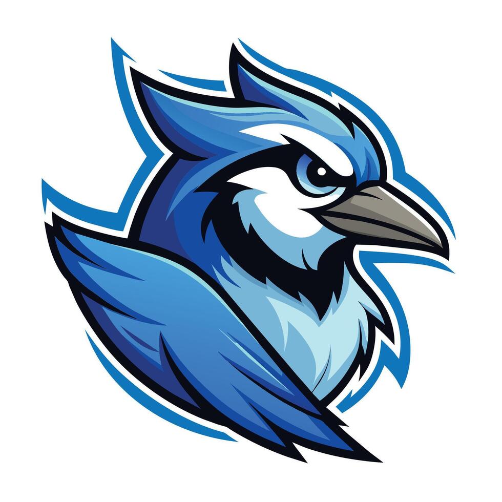 un' dinamico blu e bianca uccello con un' Impressionante nero becco, blu ghiandaia uccello logo mascotte, dinamico vettore