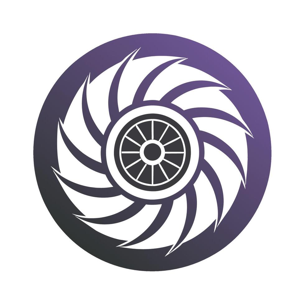 turbina motore minimalista design nel viola e bianca con un' nero e bianca modello, pulito Linee in mostra un' turbina motore, minimalista semplice moderno logo design vettore