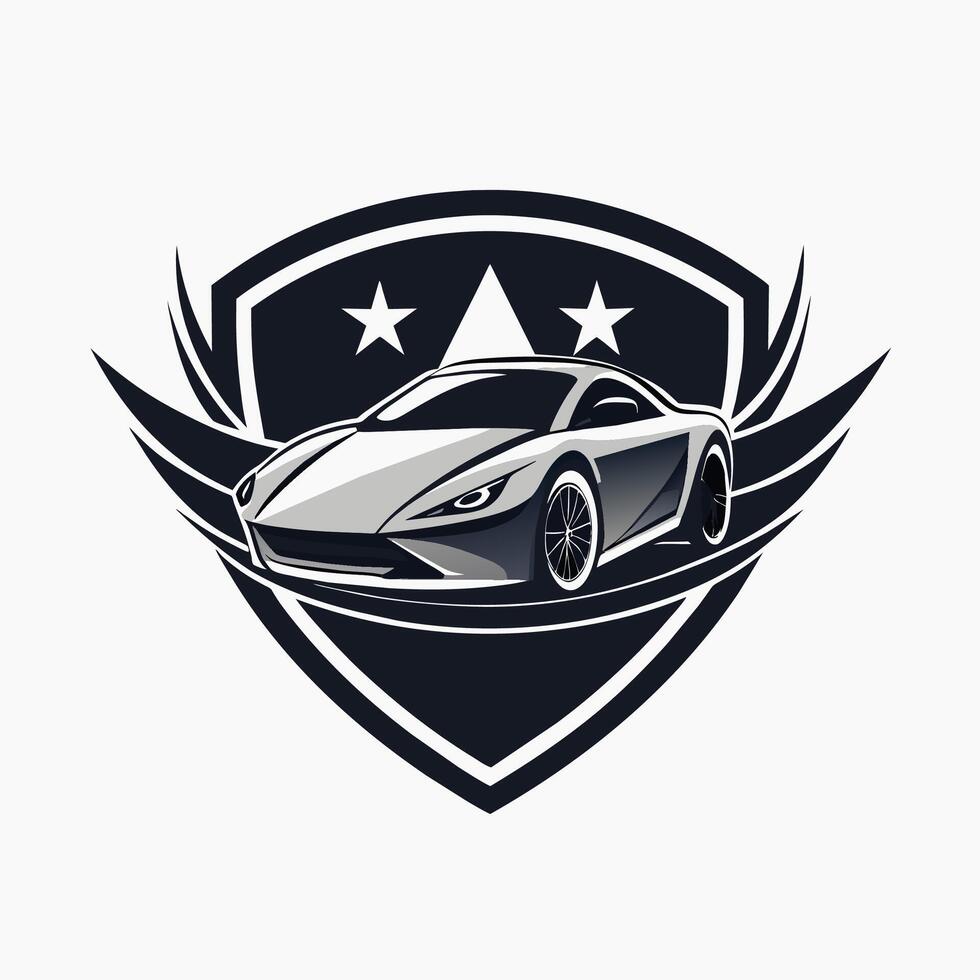 un' auto con Ali sta nel davanti di un' stellato cielo pieno con stelle, costruire un' logo quello incarna il elegante e sofisticato design di un' lusso veicolo vettore