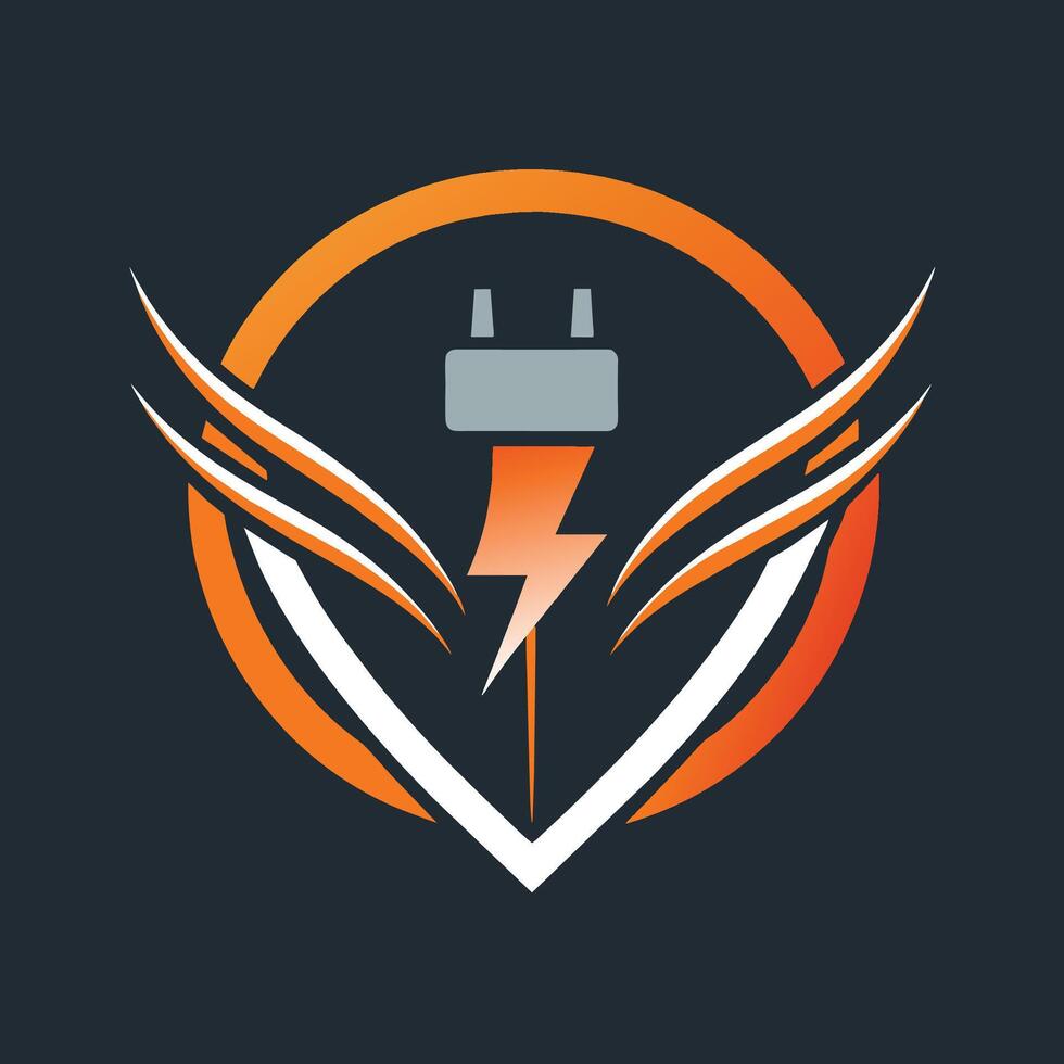 un' moderno logo con un arancia e nero colore schema con un' prominente fulmine bullone disegno, creare un' elegante e moderno logo con un' delicato cenno per un' spina o presa vettore