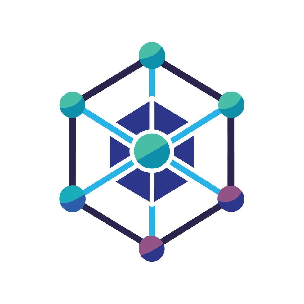 icona di un' esagonale struttura nel occhiali da sole di blu e viola, che rappresentano Rete connettività attraverso geometrico forme, un' geometrico forma che rappresentano connettività e innovazione vettore