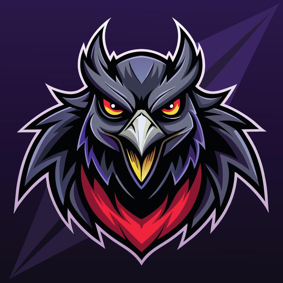 un' nero uccello con rosso occhi sta su contro un' vivace viola sfondo, intimidatorio pauroso corvo logo mascotte, Impressionante vettore