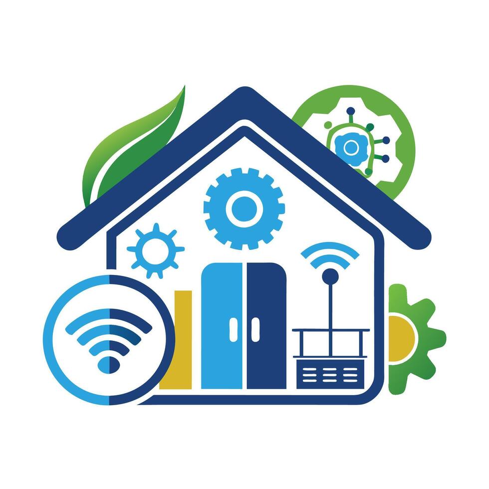 un' verde foglia riposa su il tetto di un' Casa, aggiungendo un' toccare di natura per il urbano ambientazione, casa automazione sistema logo design vettore