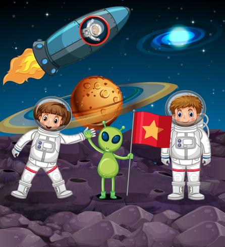 Tema spaziale con due astronauti e alieni con bandiera vettore