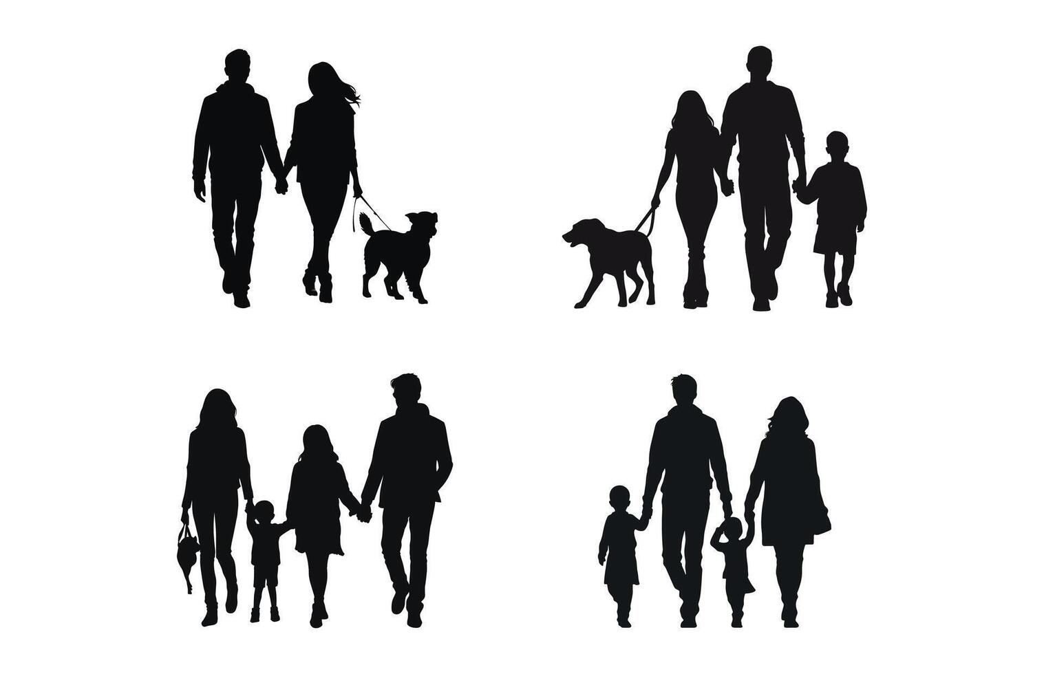 contento famiglia a piedi silhouette impostare, contento giovane famiglia Tenere mani silhouette impostato vettore