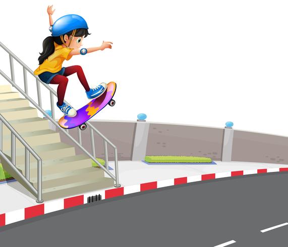 Ragazza che gioca a skateboard sulla strada vettore