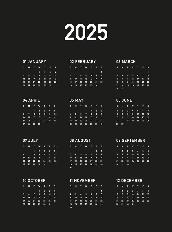calendario 2025, settimana inizia su domenica, su nero sfondo, modello. attività commerciale calendario nel un' minimalista stile per 2025 anno. vettore
