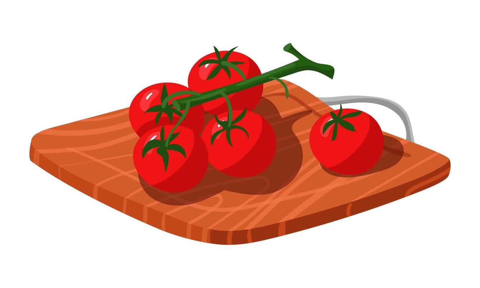 fresco pomodori siamo di cui su su un' ramo su un' di legno taglio tavola. succoso rosso il giro verdure. fresco vitamine su il taglio vassoio. per cucinando blog, ricetta carte. illustrazione vettore