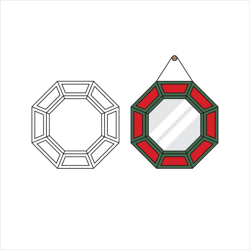 specchio stile bicchiere telaio esagono ornato arredamento decorativo asiatico orientale sospeso riflessione schema rosso verde design illustrazione vettore