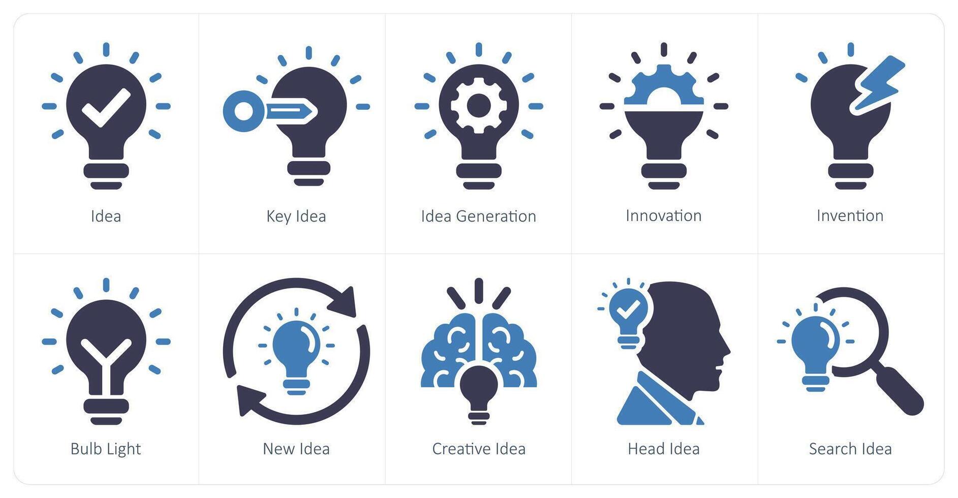 un' impostato di 10 idea icone come idea, chiave idea, idea generazione vettore