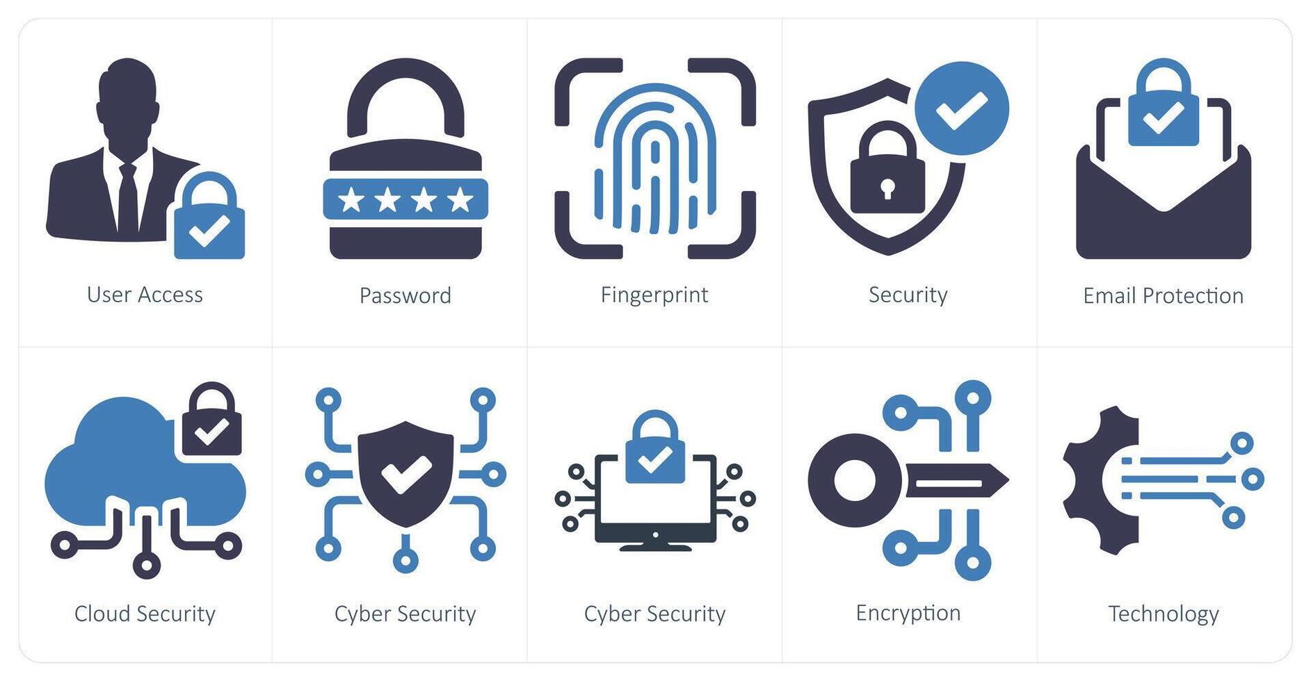 un' impostato di 10 informatica sicurezza icone come utente accesso, parola d'ordine, impronta digitale vettore