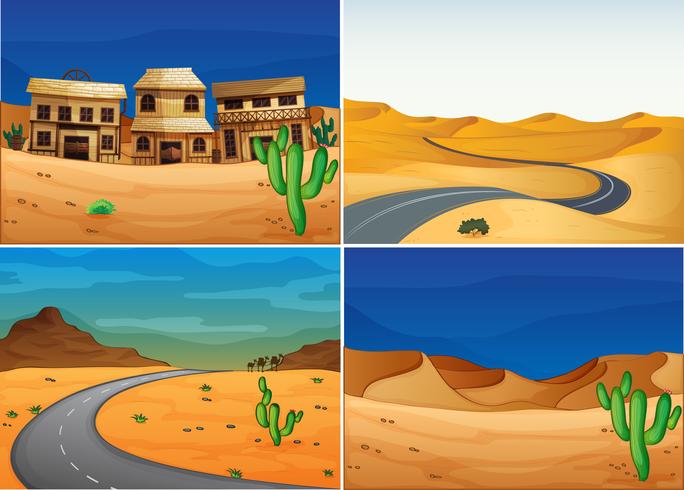 Quattro scene con strada nella terra del deserto vettore
