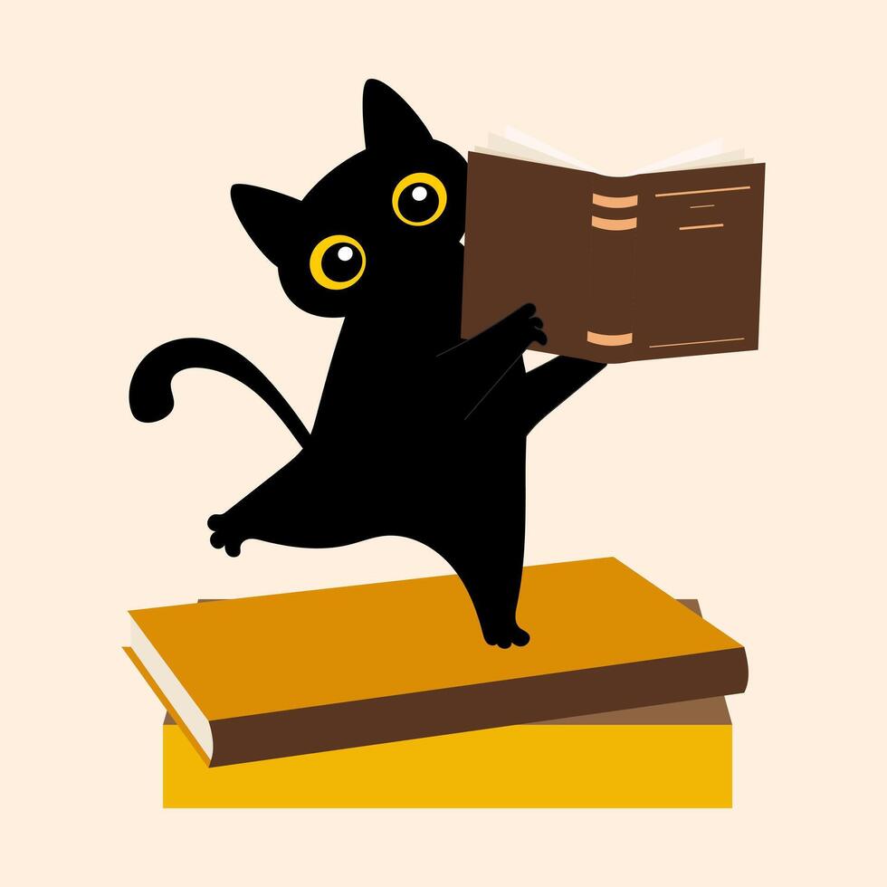 internazionale figli di libro giorno. 2 aprile. un' nero carino gatto detiene un Aperto manuale nel suo zampe. il concetto di formazione scolastica e utile lettura. vettore