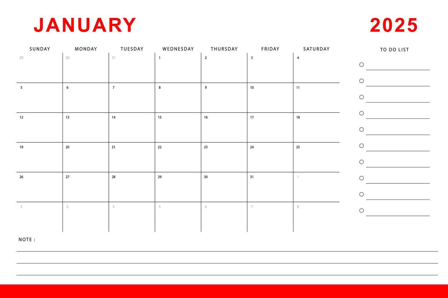 gennaio 2025 calendario. mensile progettista modello. Domenica inizio. vettore