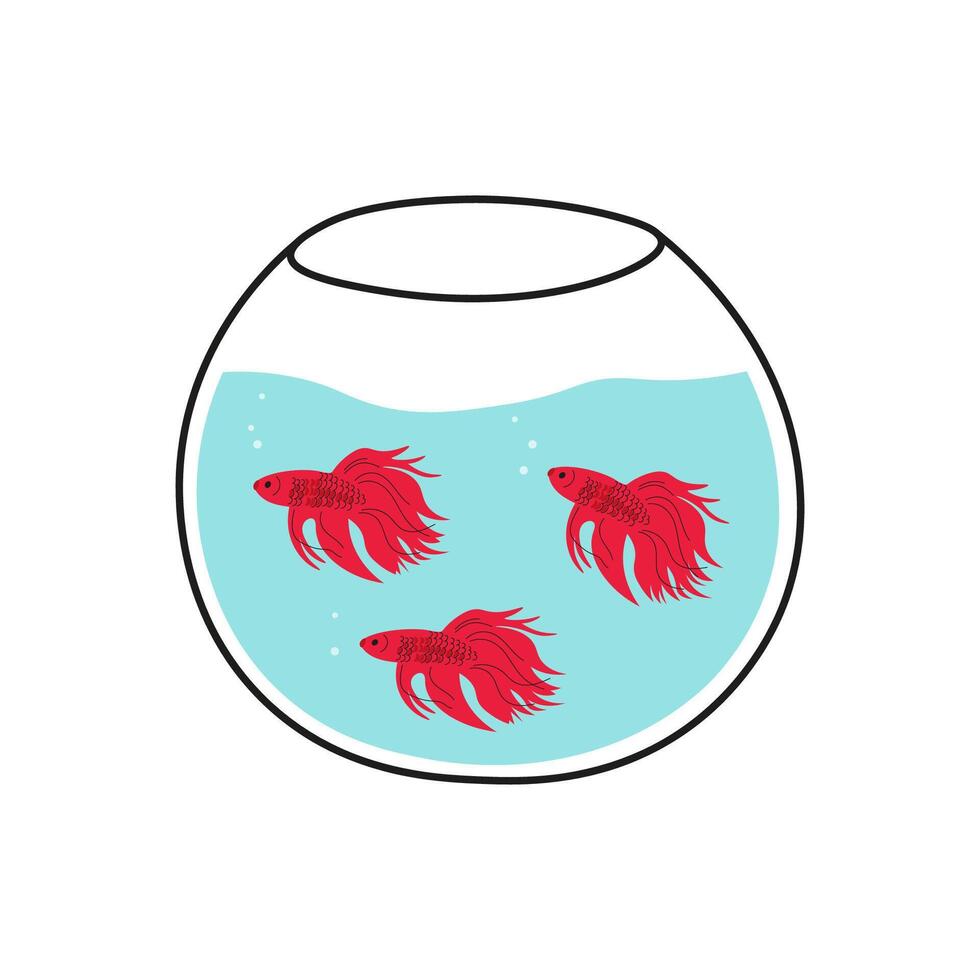 pesce rosso nel acquario illustrazione nel cartone animato stile. tre colorato oro pesce nuoto su acqua nel bicchiere di ciotola. acquatico vita motivo su isolato sfondo per Stampa, disegno, carta, cartello, icona vettore