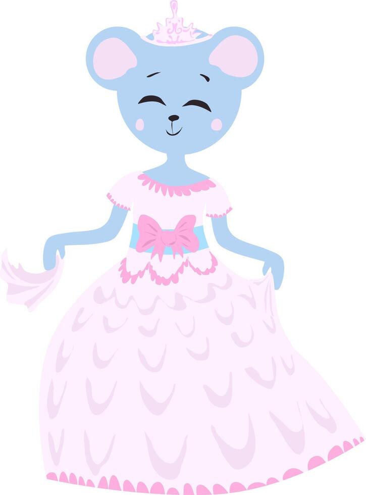 cartone animato topo Principessa nel rosa palla toga con fazzoletto nel mano. illustrazione ragazza topo soffice vestito con balze e con un' Teara su sua testa. cartone animato personaggio personaggio essere sfondo vettore