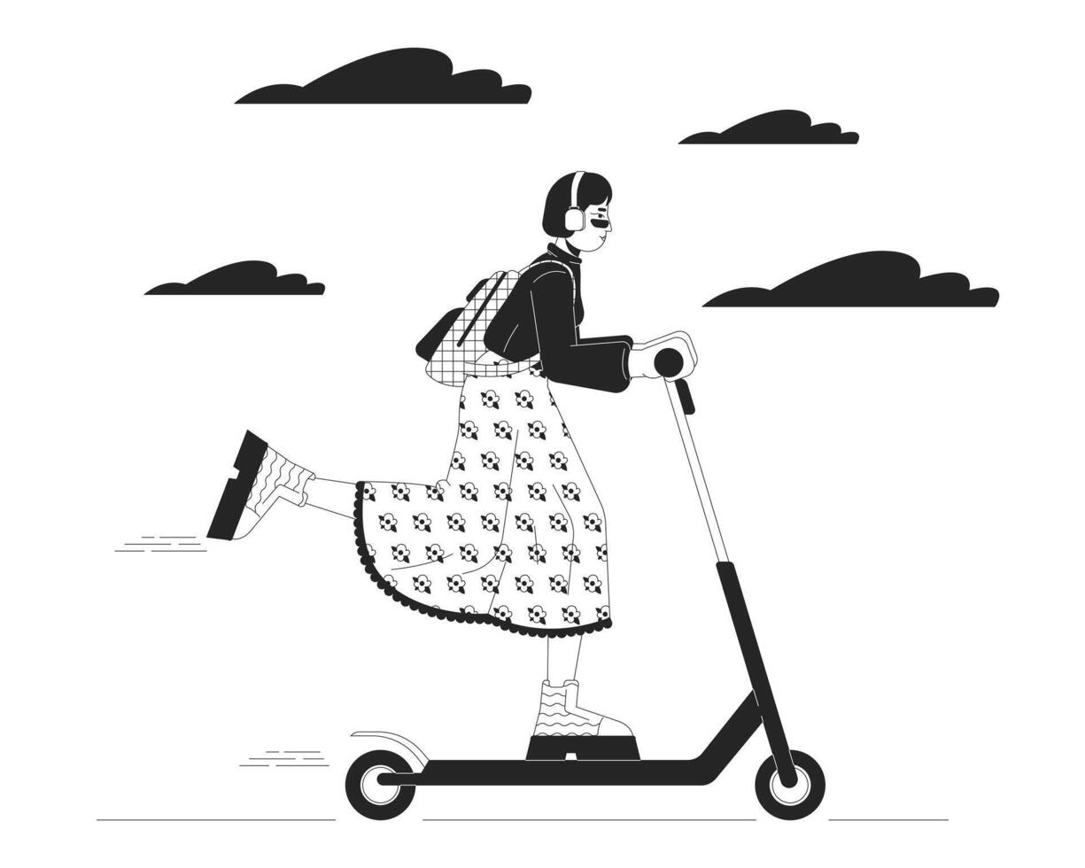 coreano alla moda donna equitazione elettrico scooter nero e bianca cartone animato piatto illustrazione. asiatico femmina e-scooter 2d Linea artistica personaggio isolato. urbano mobilità monocromatico scena schema Immagine vettore