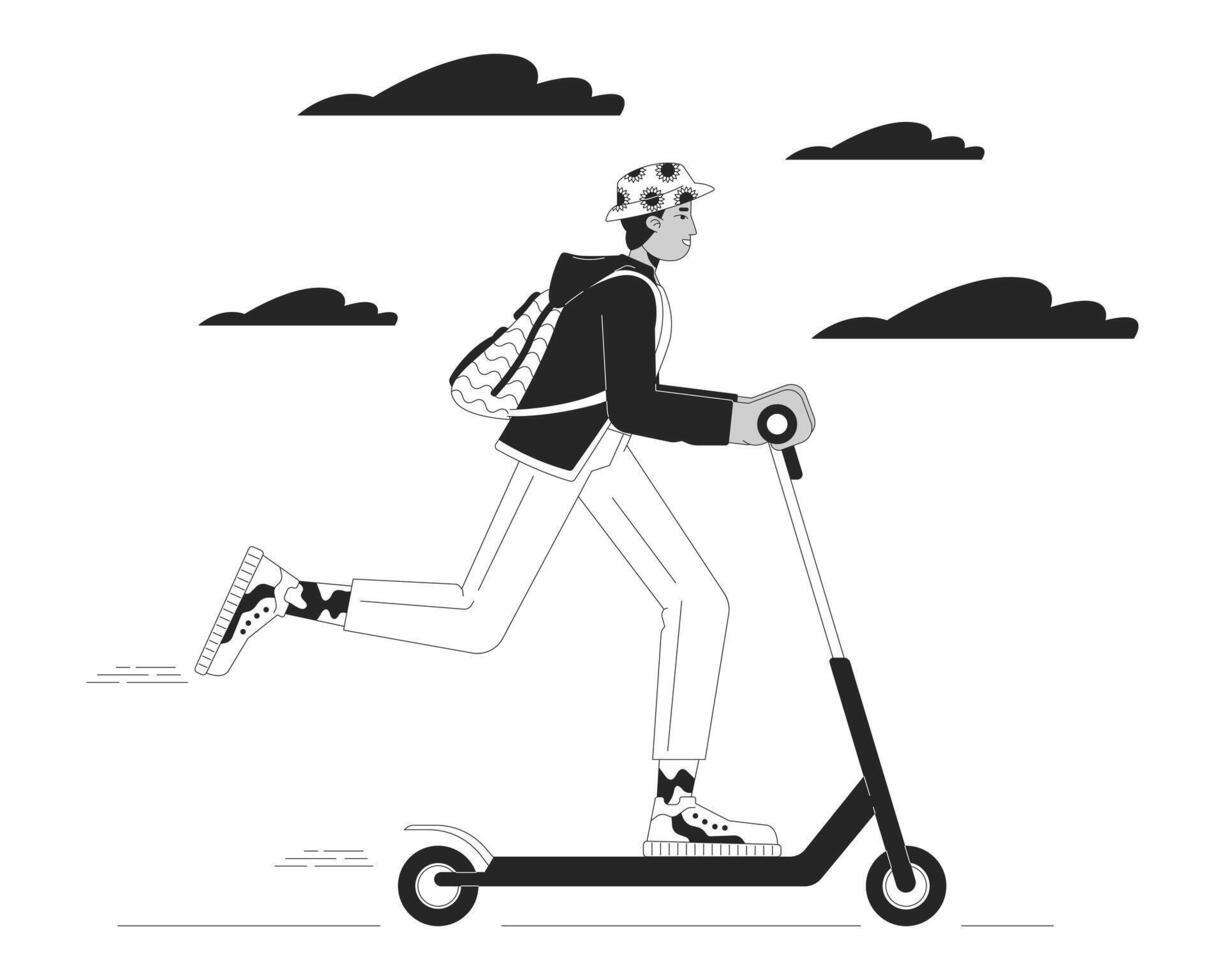 indiano giovane adulto uomo equitazione elettrico scooter nero e bianca cartone animato piatto illustrazione. Sud asiatico tipo e-scooter 2d Linea artistica personaggio isolato. urbano mobilità monocromatico scena schema Immagine vettore