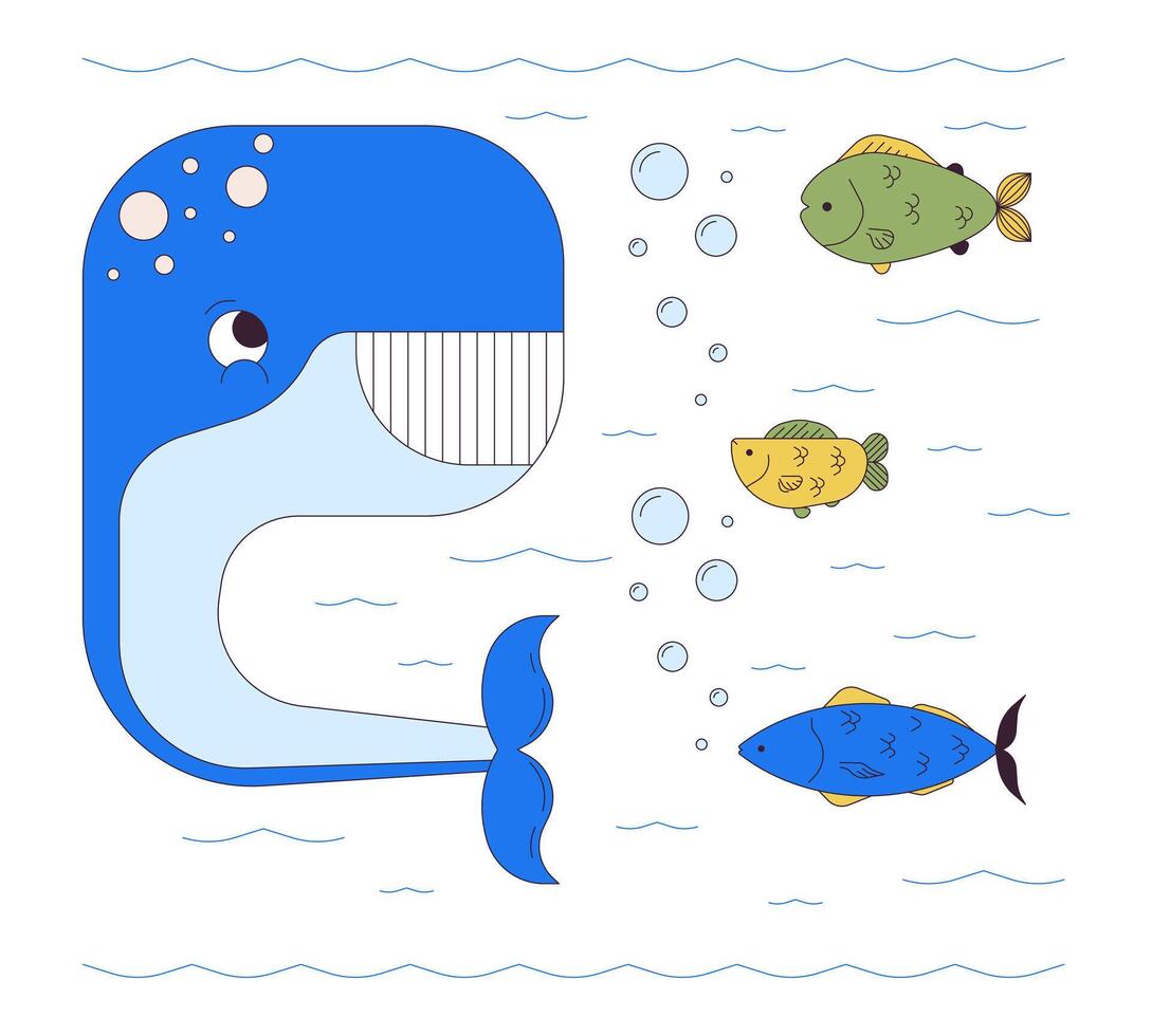 contento balena con Pesci subacqueo 2d lineare cartone animato personaggi. in profondità oceano creature isolato linea personaggi bianca sfondo. ricercando marino vita colore piatto individuare illustrazione vettore