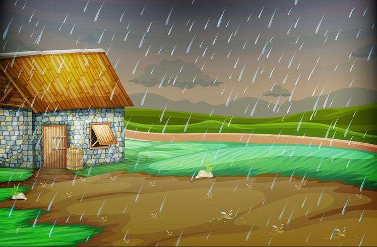 Scena di campagna con poca capanna sotto la pioggia vettore
