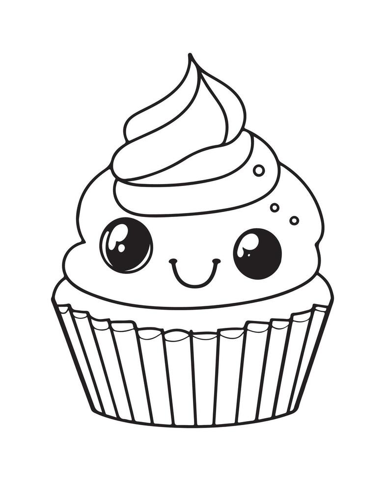 carino kawaii Cupcake colorazione pagine, Cupcake illustrazione, Cupcake nero e bianca, Cupcake piatto disegno, torta arte. vettore