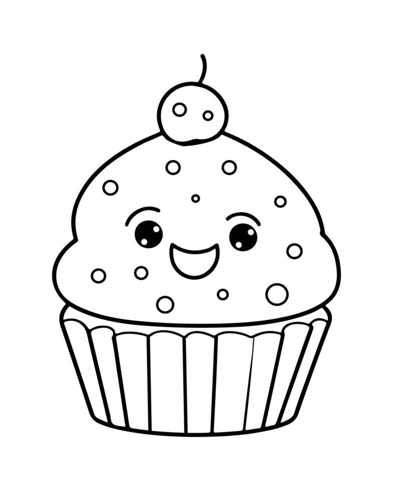 carino kawaii Cupcake colorazione pagine, Cupcake illustrazione, Cupcake nero e bianca, Cupcake piatto disegno, torta arte. vettore