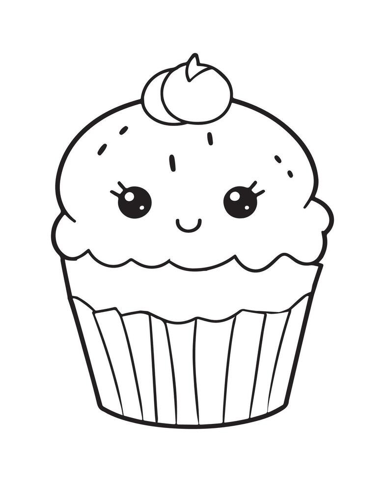 carino kawaii Cupcake colorazione pagine, Cupcake illustrazione, Cupcake nero e bianca, Cupcake piatto disegno, torta arte. vettore