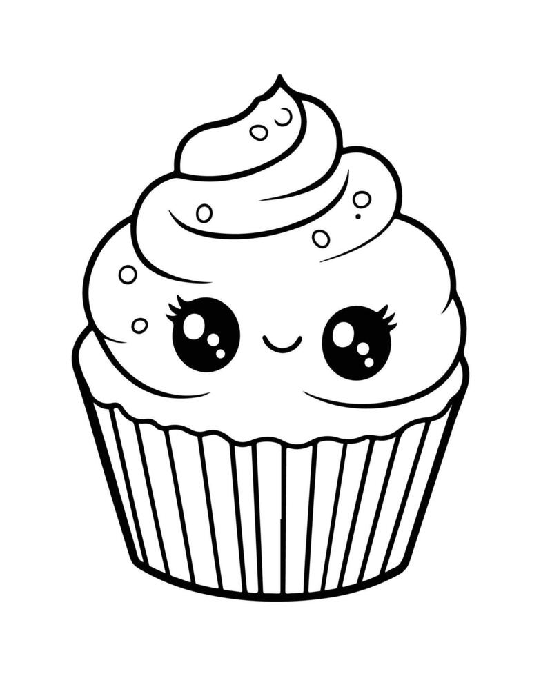 carino kawaii Cupcake colorazione pagine, Cupcake illustrazione, Cupcake nero e bianca, Cupcake piatto disegno, torta arte. vettore