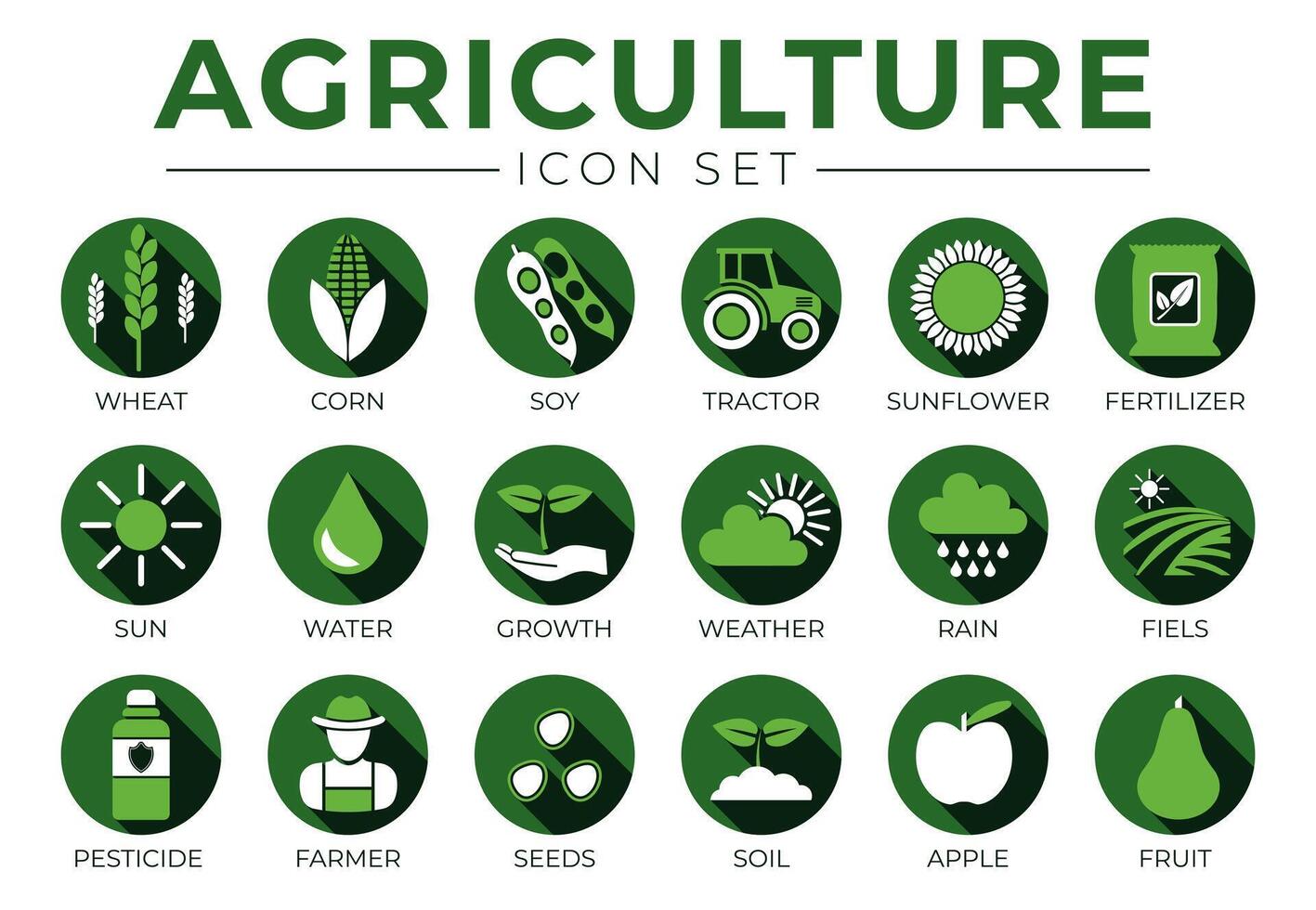 buio verde agricoltura il giro icona impostato di Grano, Mais, soia, trattore, girasole, fertilizzante, sole, acqua, crescita, tempo atmosferico, piovere, campi, pesticida, contadino semi, suolo, mela, frutta icone. vettore