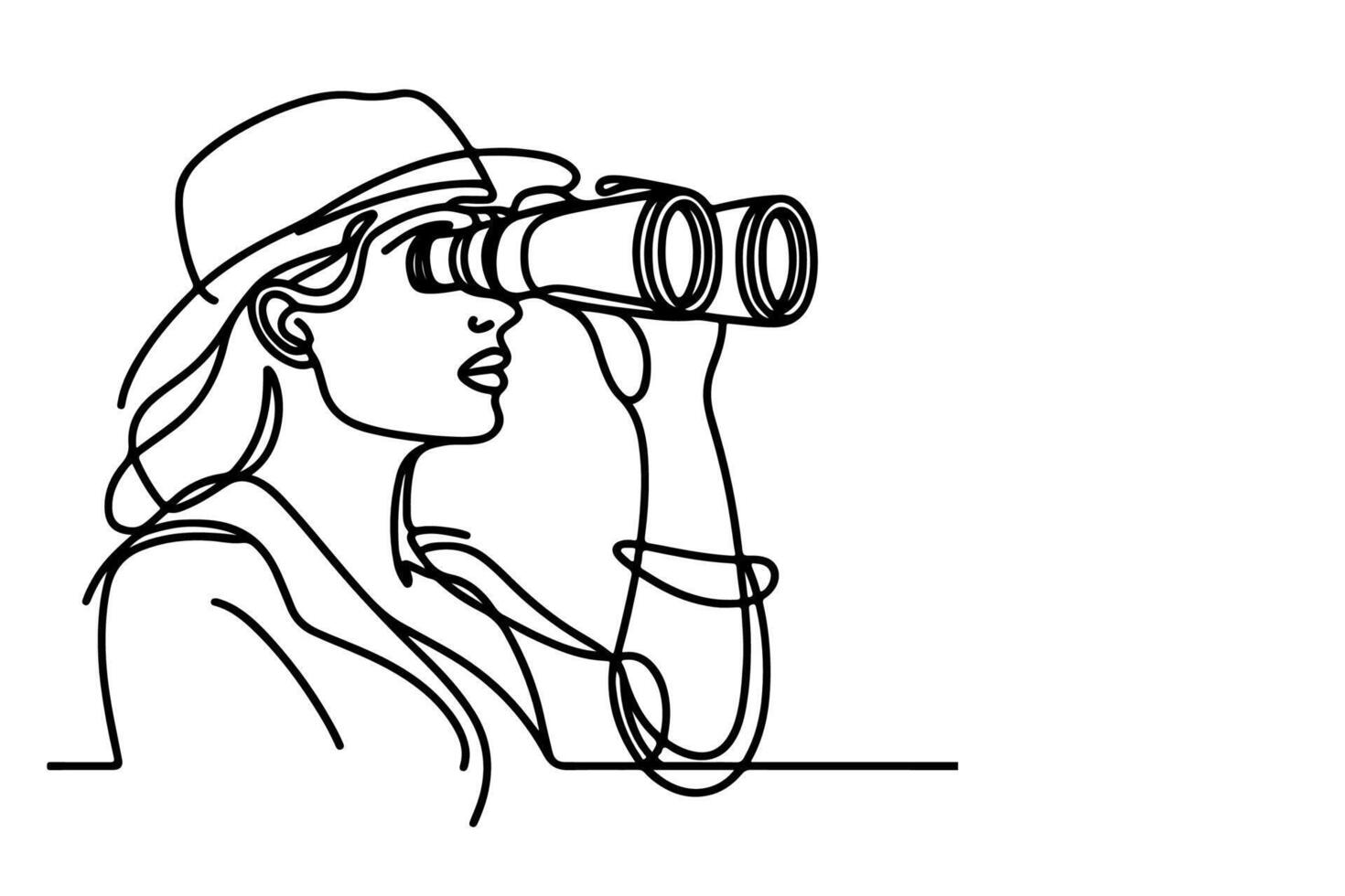 uno continuo nero linea mano disegno di viaggiatore donna in piedi, Tenere binoculare e guardare in distanza con binocolo lineare schizzo scarabocchio su bianca sfondo vettore