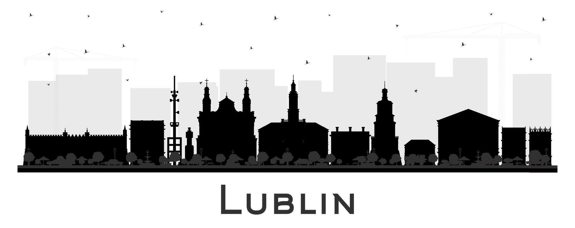 Lublino Polonia città orizzonte silhouette con nero edifici isolato su bianca. Lublino paesaggio urbano con punti di riferimento. attività commerciale e turismo concetto con moderno e storico architettura. vettore