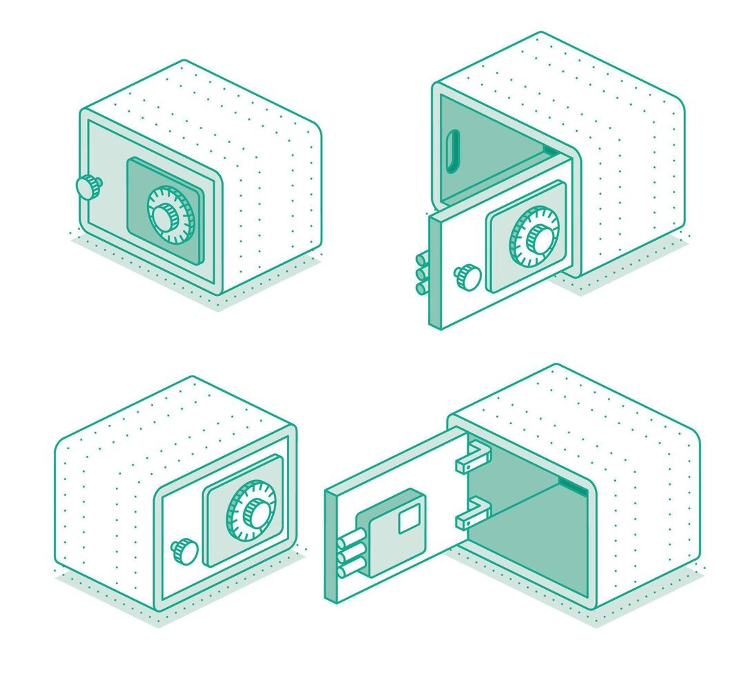 isometrico sicuro con Aperto e chiuso porte. schema oggetto isolato su bianca sfondo. icona di sicurezza. vuoto sicuro mostrato a partire dal diverso angoli. vettore
