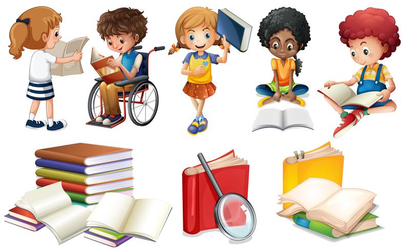 Bambini che leggono libri su sfondo bianco vettore